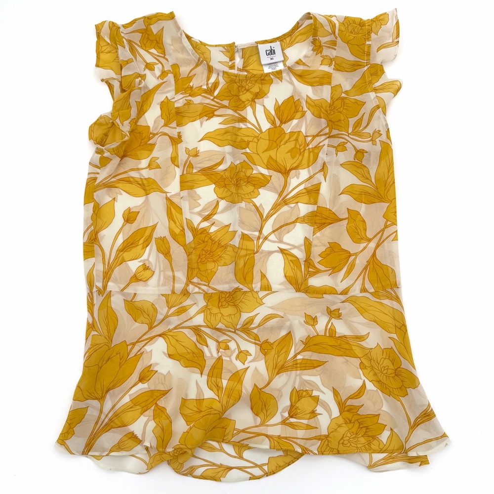 CAbi Women's Floral Yellow Sleeveless Silk Top Shirt Blouse Size XS Flowers